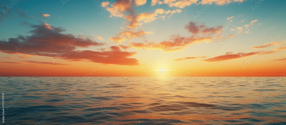 Vibrant Sunset over the Horizon Casting Warm Glows and Serene Reflections on Calm Waters