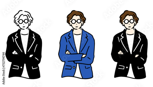 スーツを着て腕組みをする男性の線画イラスト
