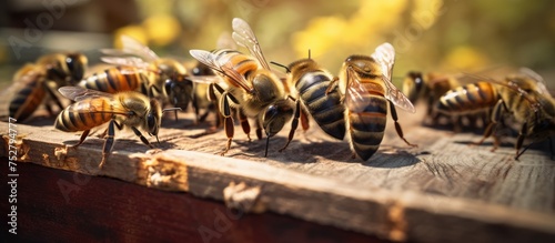 Busy Bees Gathering Honey on a Rustic Wooden Surface in a Beekeeping Adventure