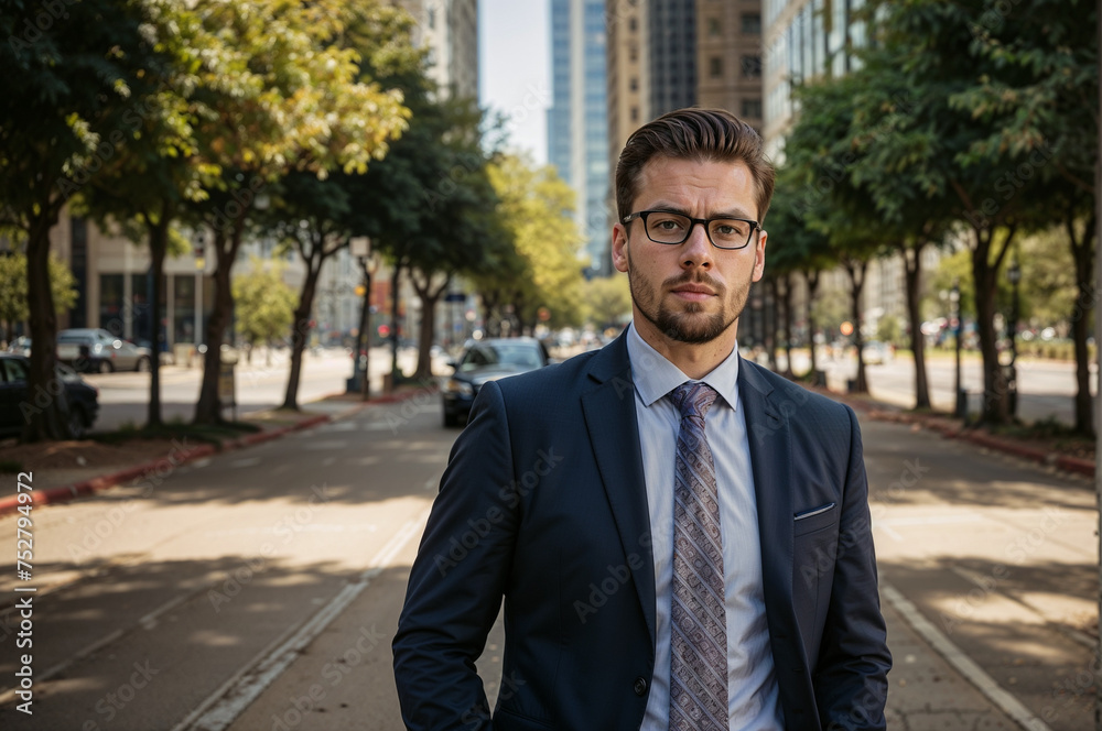 Serious businessman in a tailored suit standing confidently on a city street. Serious businessman in a tailored suit standing confidently on a city street.