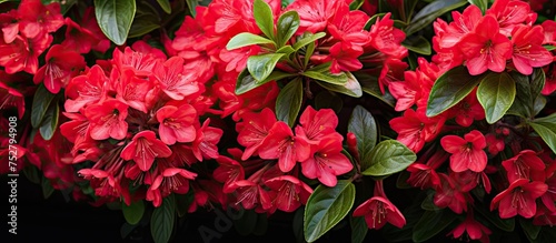 Vibrant Scarlet Flowers Surrounded by Lush Green Foliage in a Natural Setting