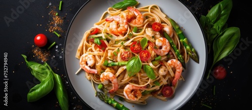 Delectable Shrimp Pasta Garnished with Fresh Tomatoes on a White Plate