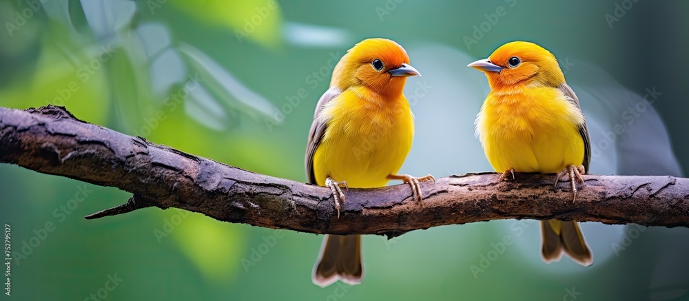Chirpy Avian Friends Perched on a Tree Limb, Enjoying a Sunny Day in the Wilderness