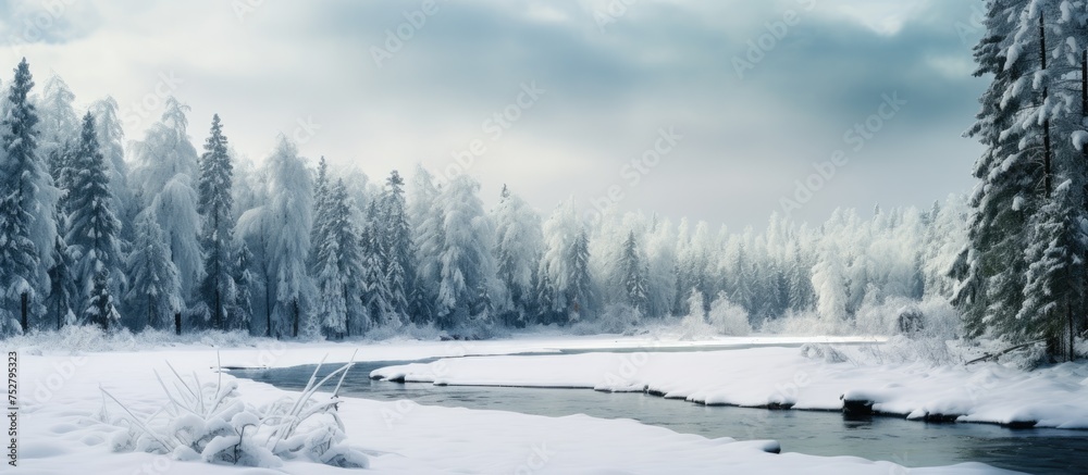 Tranquil Winter Scene: Scenic River Flowing Through Snow-Covered Landscape