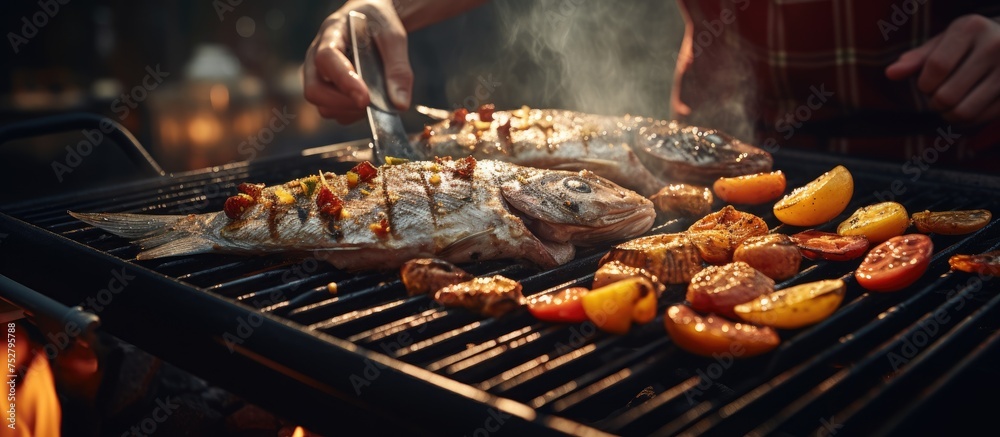 Grilling Fresh Fish Outdoors - Culinary Delights on a Summer Evening