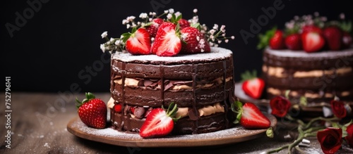 Decadent Chocolate Cake Covered in Luscious Strawberries on Rustic Wooden Table