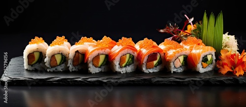 Delicious and Fresh Sushi Platter with Colorful Vegetables on Elegant Black Plate