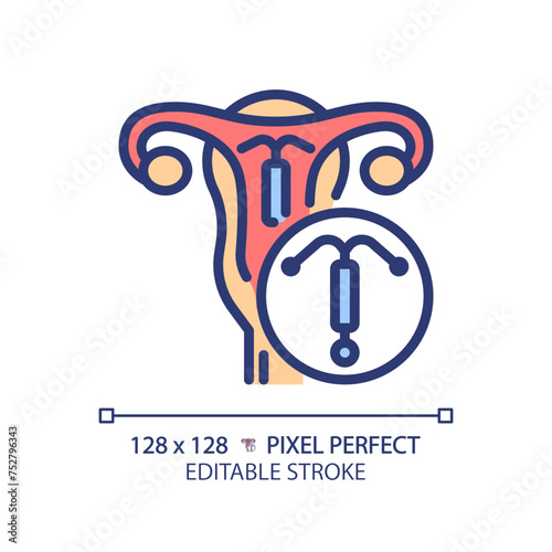 Intrauterine device RGB color icon. Pregnancy prevention, birth control implant. Medical technology, reproductive health. Isolated vector illustration. Simple filled line drawing. Editable stroke