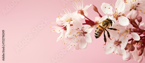 Vibrant Bee Feasting on Nectar from Beautiful Pink Flower Petals in a Lush Garden Setting photo