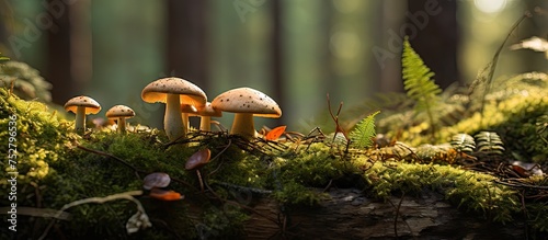 Vibrant Array of Wild Mushrooms Sprouting on a Lush Green Mossy Log in Forest