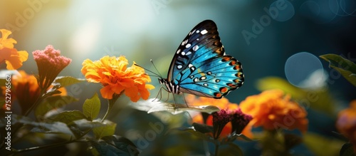 Vibrant Butterfly Soaring Amid Colorful Blooms in a Lush Garden © Ilgun