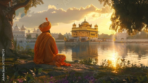 Golden Glow of the Sikh Temple A Spiritual Retreat in the Heart of the City Generative AI photo