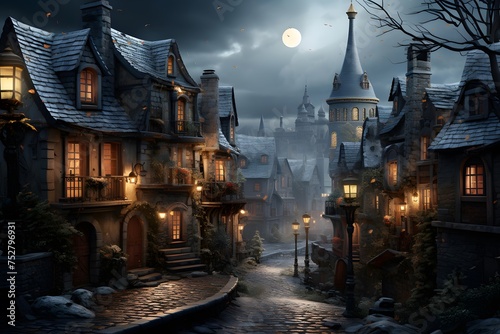 Halloween night scene with haunted house and full moon. Halloween concept.