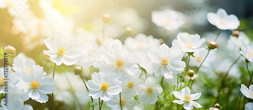 Glowing white flowers basking in the warm sunlight with delicate petals and green leaves © Ilgun