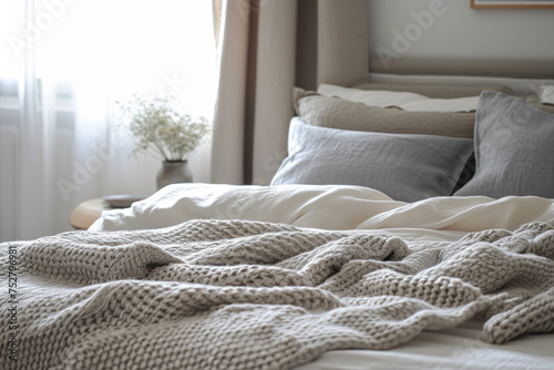 Cozy bedroom interior with knitted blanket and soft pillows. Home comfort and design.