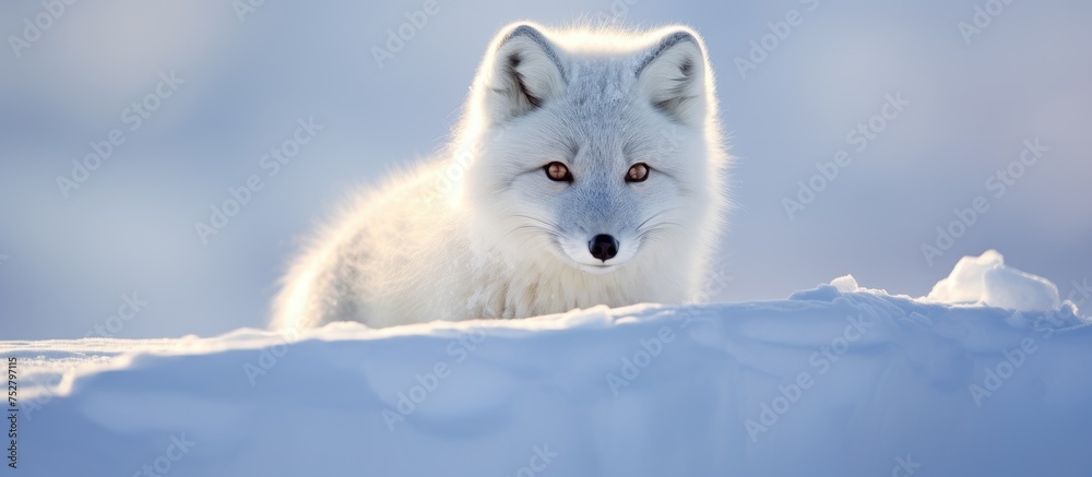 Majestic Arctic White Fox with Fiery Red Eyes Observing Surrounding Snowy Wilderness Majestic Arctic White Fox with Fiery Red Eyes Observing Surrounding Snowy Wilderness