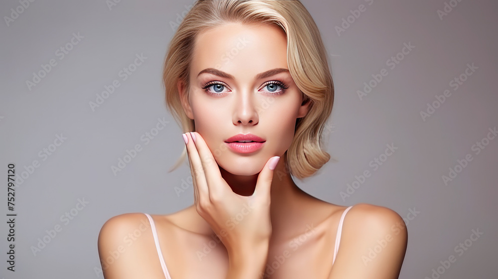 Blonde Woman with Impeccable Makeup and Short Hair Elegantly Touching Her Face Blonde Woman with Impeccable Makeup and Short Hair Elegantly Touching Her Face