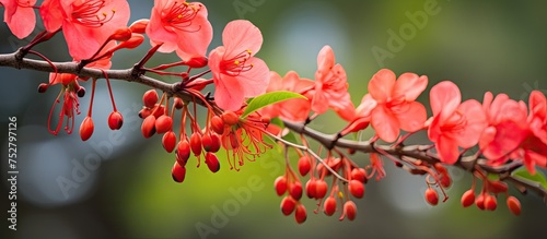 Vibrant Red Blossoms on Natural Branches - Botanical Garden Floral Display with Crimson Blooms