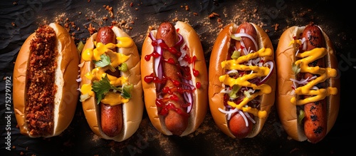 Assorted Hot Dogs Loaded with Delicious Toppings Ready to Satisfy any Craving