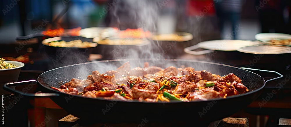 Sizzling Pan of Delightful Food Simmers on a Modern Stove in a Cozy Kitchen Setting Sizzling Pan of Delightful Food Simmers on a Modern Stove in a Cozy Kitchen Setting