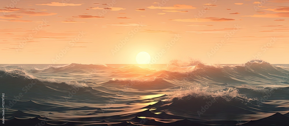 Majestic Painting of a Colorful Sunset Setting over a Powerful Ocean Wave
