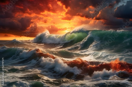 Ocean's Fury Under a Fiery Sky: Dramatic Sunset Over Turbulent Sea Waves Capturing Nature's Untamed Beauty Generative AI © Jaon