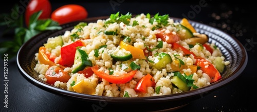 Fresh and Healthy Rice Bowl with Colorful Vegetables and Tomatoes, Nutritious Meal Concept