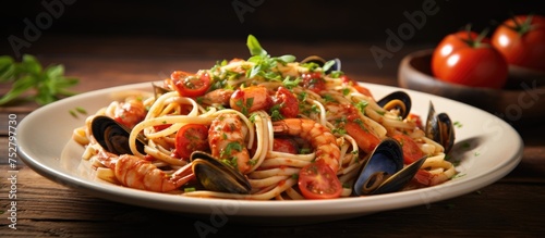 Delicious Seafood Pasta Dish with Freshly Cooked Clams on White Plate