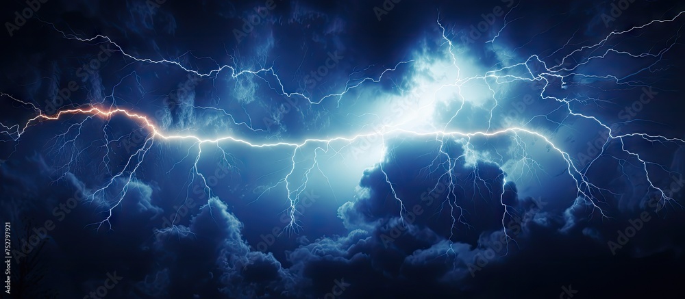 Obraz premium Dramatic Lightning Strikes Illuminating the Night Sky in a Spectacular Display of Nature's Power