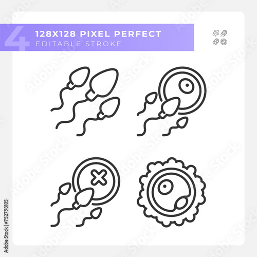 Fertility linear icons set. Ovul insemination, sperm egg infertility. Human fecundacion, reproduction system. Customizable thin line symbols. Isolated vector outline illustrations. Editable stroke