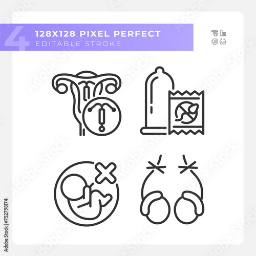 Pregnancy prevention methods linear icons set. Contraceptive products, male vasectomy. Intrauterine devices. Customizable thin line symbols. Isolated vector outline illustrations. Editable stroke