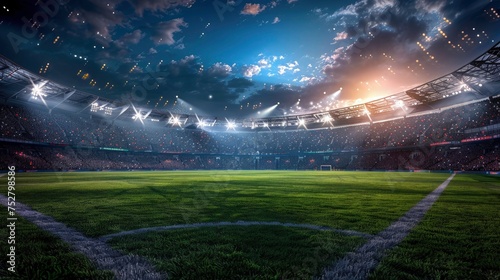 Full stadium background. lighting sport stadium. Image for winning, sport, competition. Empty copy space for ad, celebration, championships design. 