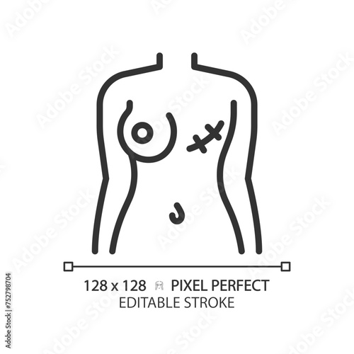 Female breast cancer linear icon. Gynecological disease, surgery scar. Woman body trauma. Medical condition. Thin line illustration. Contour symbol. Vector outline drawing. Editable stroke