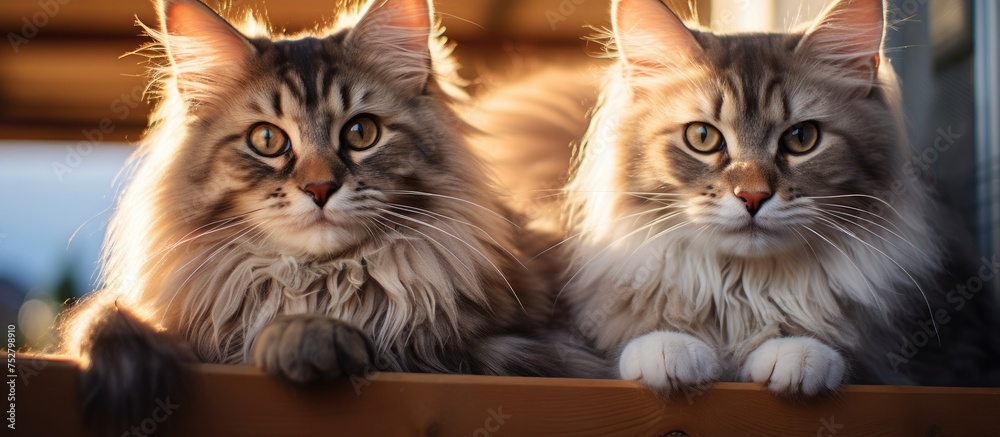 Adorable Feline Friends Relaxing in Cozy Wooden Crate Surrounded by Warm Light