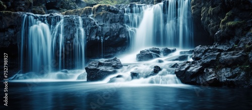 Majestic Waterfall Surrounded by Lush Greenery in a Serene Forest Setting