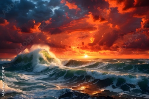 Ocean's Fury Under a Fiery Sky: Dramatic Sunset Over Turbulent Sea Waves Capturing Nature's Untamed Beauty Generative AI
