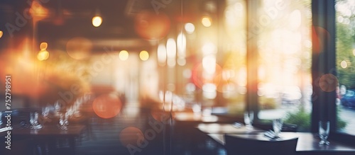 Fototapeta Naklejka Na Ścianę i Meble -  Vibrant Restaurant Ambiance with Blurry Table and Chairs Setting