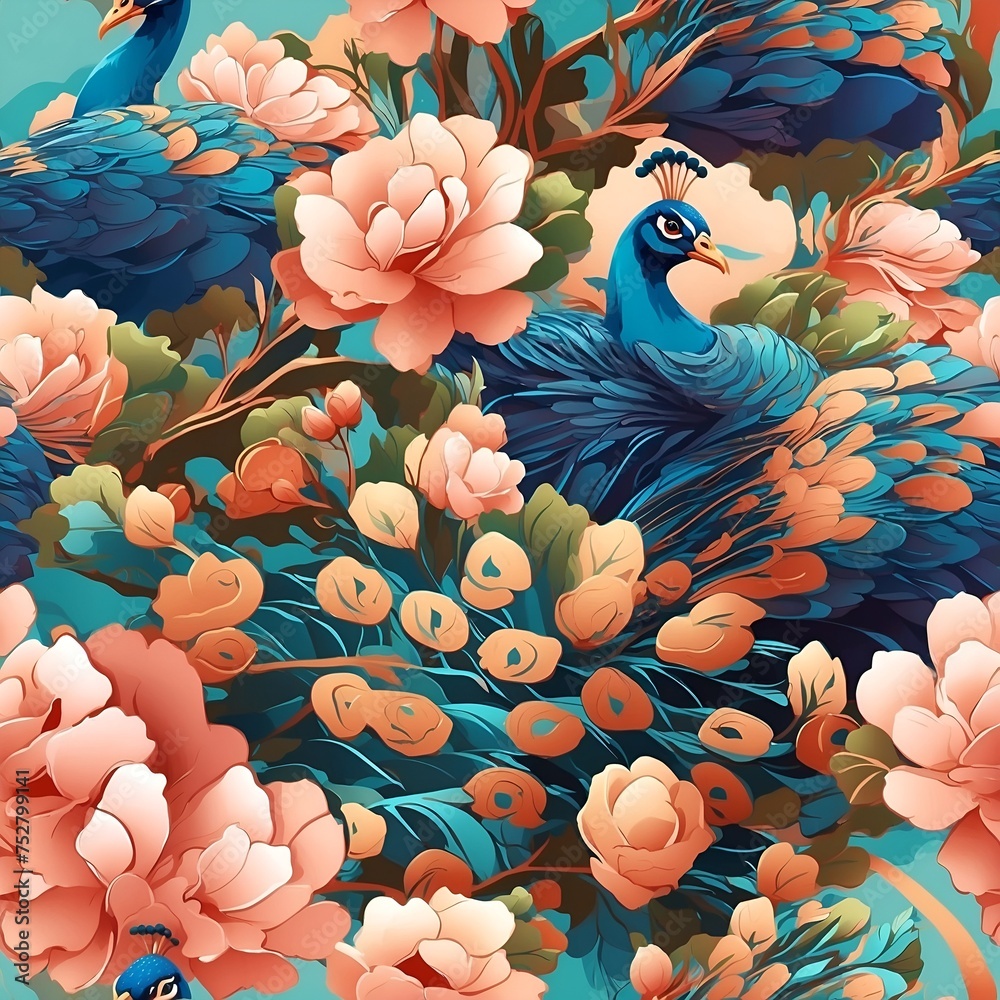 Obraz premium Seamless pattern of majestic pheasants in a colorful garden full of flowers. Cartoon style. Repeatable image background.