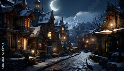 Mountain village at night with moonlight in winter, Japan.