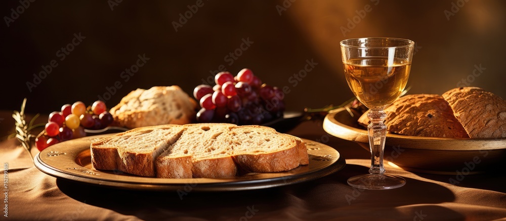 Rustic Bread Platter and Decadent Red Wine Glass - Gourmet Food Pairing Concept Rustic Bread Platter and Decadent Red Wine Glass - Gourmet Food Pairing Concept