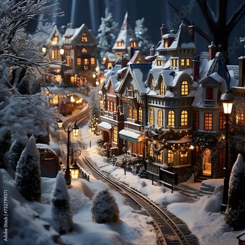 Christmas and New Year holidays background with Christmas trees and houses in the snow © I