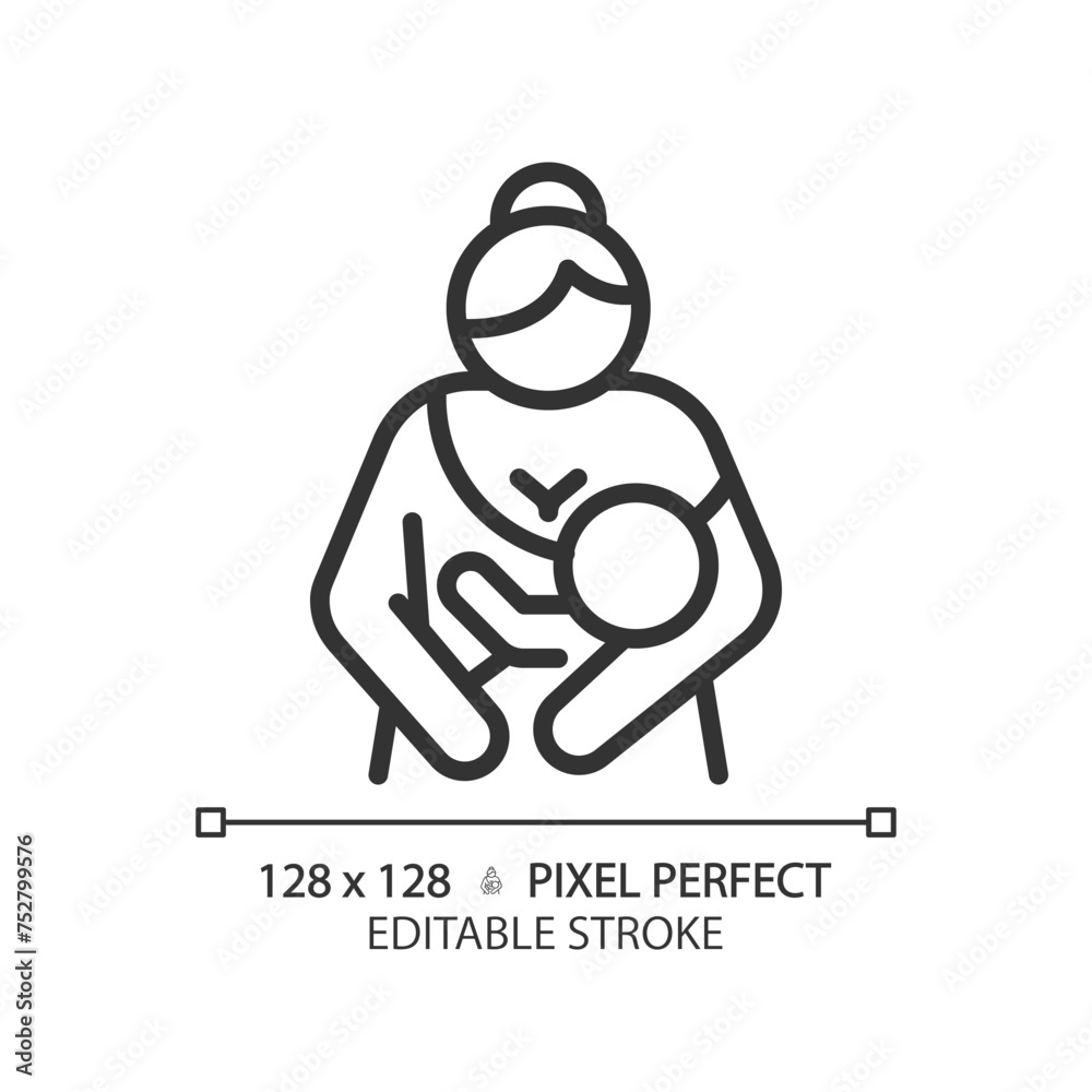 Baby lactation linear icon. Breastfeeding, childcare. Breast suckling, newborn holding. Human reproduction biology. Thin line illustration. Contour symbol. Vector outline drawing. Editable stroke Baby lactation linear icon. Breastfeeding, childcare. Breast suckling, newborn holding. Human reproduction biology. Thin line illustration. Contour symbol. Vector outline drawing. Editable stroke