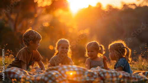 A photo of children playing, with sunlight streaming as the background, during a summer picnic