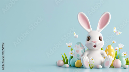 3d banner with Easter eggs cute happy Easter bunny 