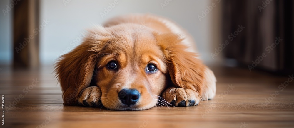 Adorable Dog Lounging on the Floor with a Curious Stare into the Camera