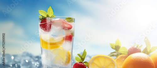 Refreshing Summer Drink Concept: Glass of Water with Ice, Strawberries, and Lemons