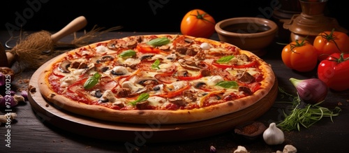 Delicious Homemade Pizza Topped with Fresh Meat, Colorful Vegetables, and Melting Cheese on Rustic Wooden Board