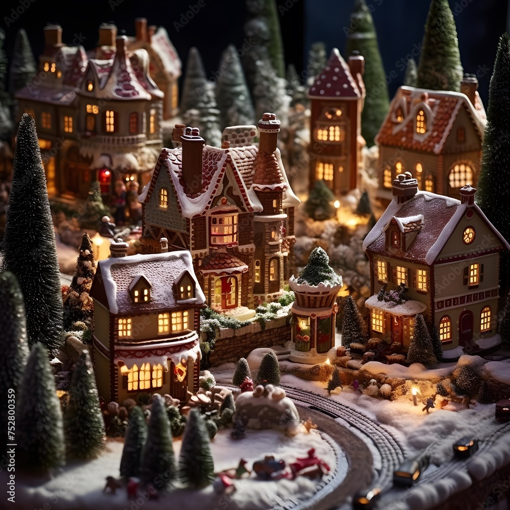 Christmas and New Year miniature scene with small houses and snowman.