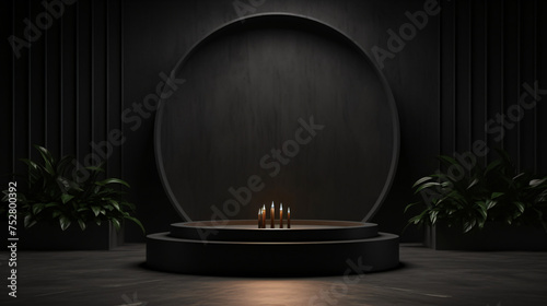 3d rendering of a modern dark room with a round podium