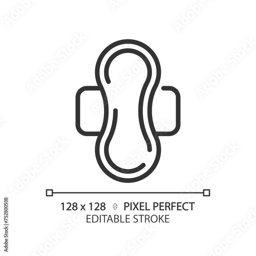 Menstrual pad linear icon. Period cycle healthcare. Feminine hygiene product. Reproductive health. Absorption napkin. Thin line illustration. Contour symbol. Vector outline drawing. Editable stroke